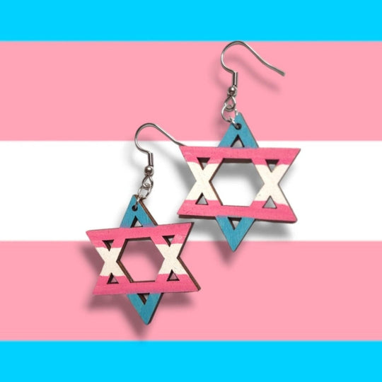 Wooden Trans Flag Star of David Earrings