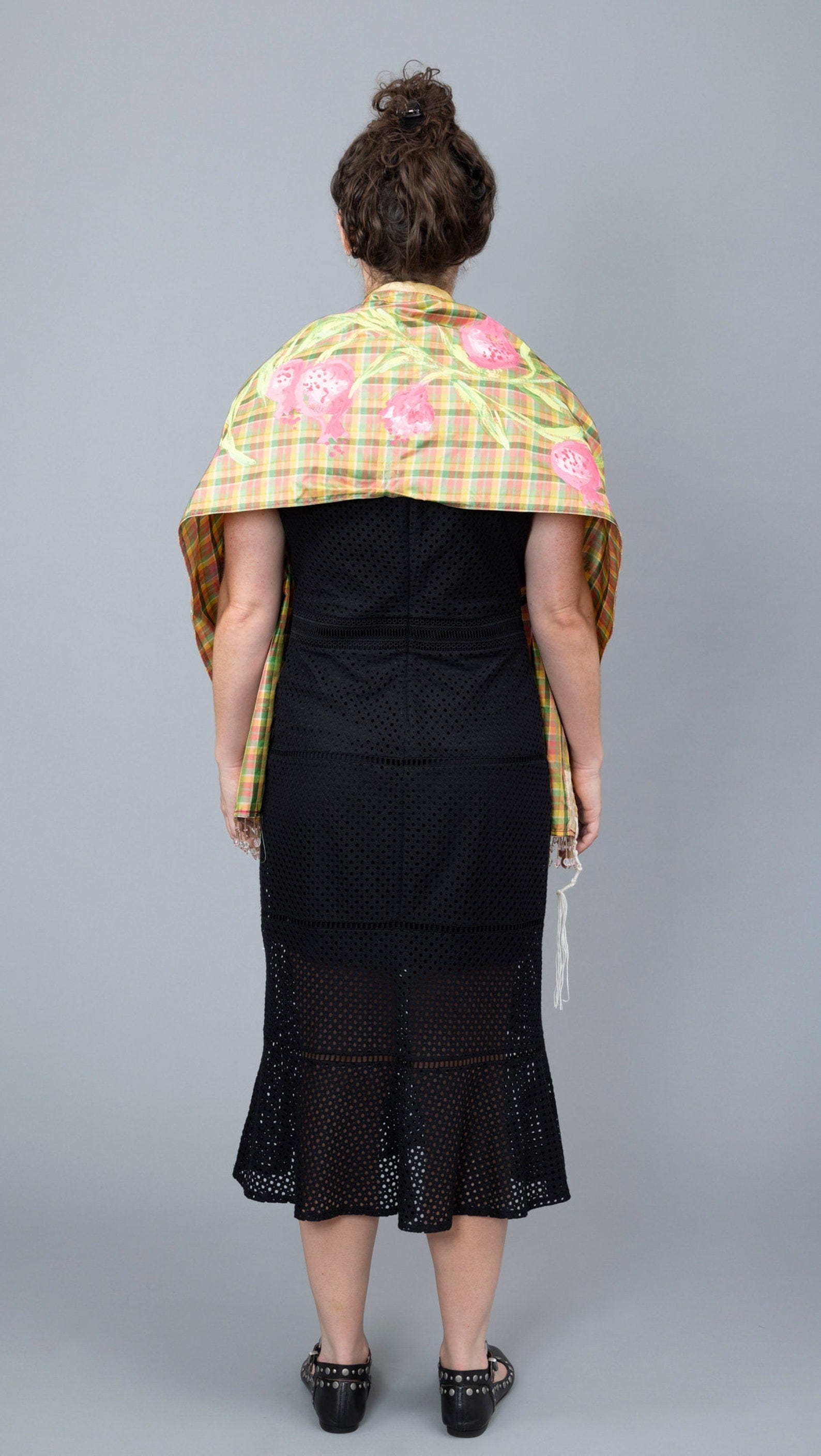 Elly Bovarnick Studios Tallises Pink, Green, and Yellow Silk Plaid Tallit with Hand-Painted Pomegranate Design and Bag