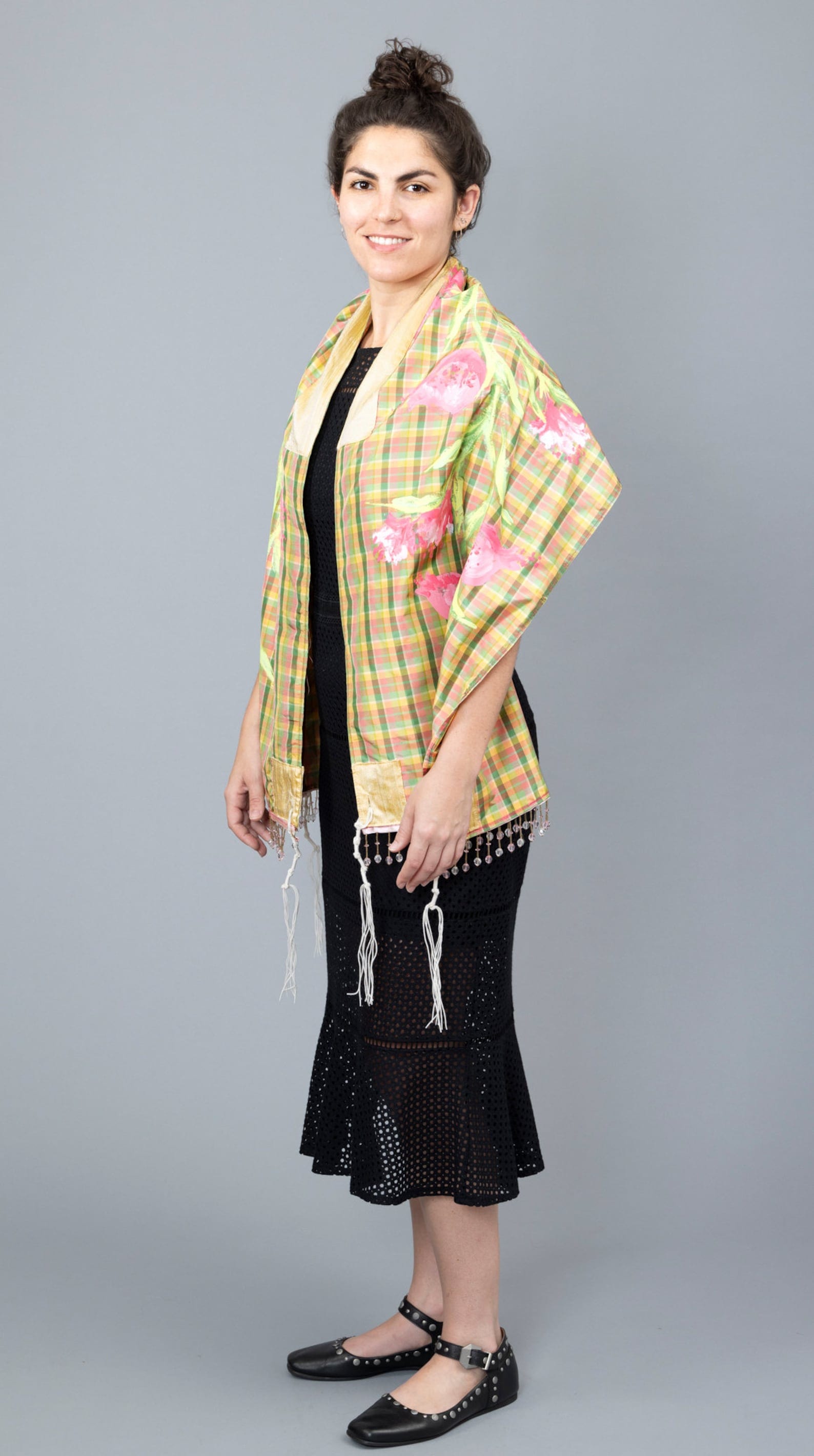 Elly Bovarnick Studios Tallises Pink, Green, and Yellow Silk Plaid Tallit with Hand-Painted Pomegranate Design and Bag