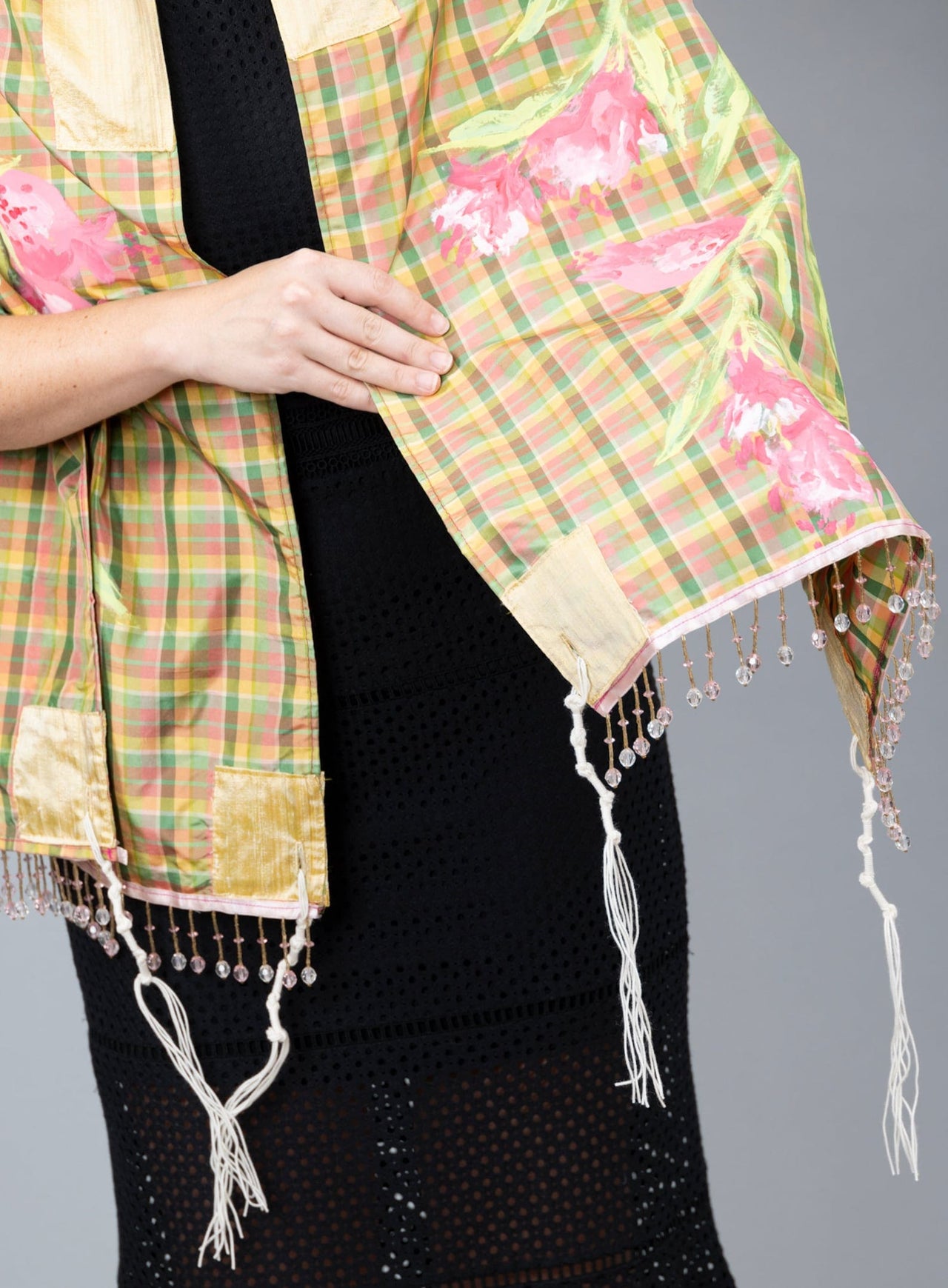 Elly Bovarnick Studios - Pink, Green, and Yellow Silk Plaid Tallit with Hand - Painted Pomegranate Design - ModernTribe