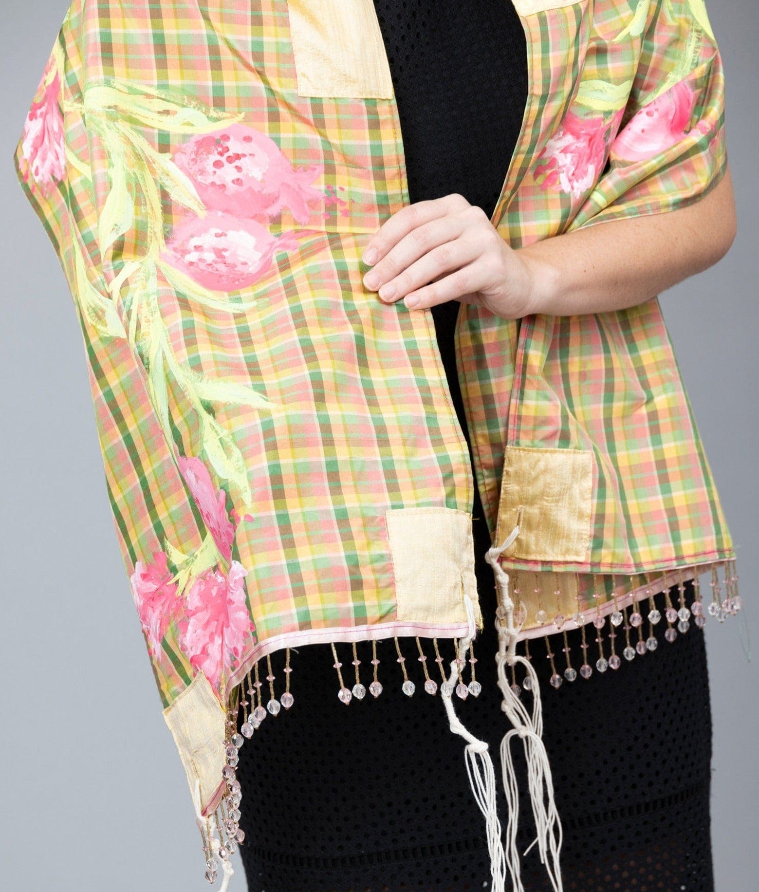 Elly Bovarnick Studios Tallises Pink, Green, and Yellow Silk Plaid Tallit with Hand-Painted Pomegranate Design and Bag