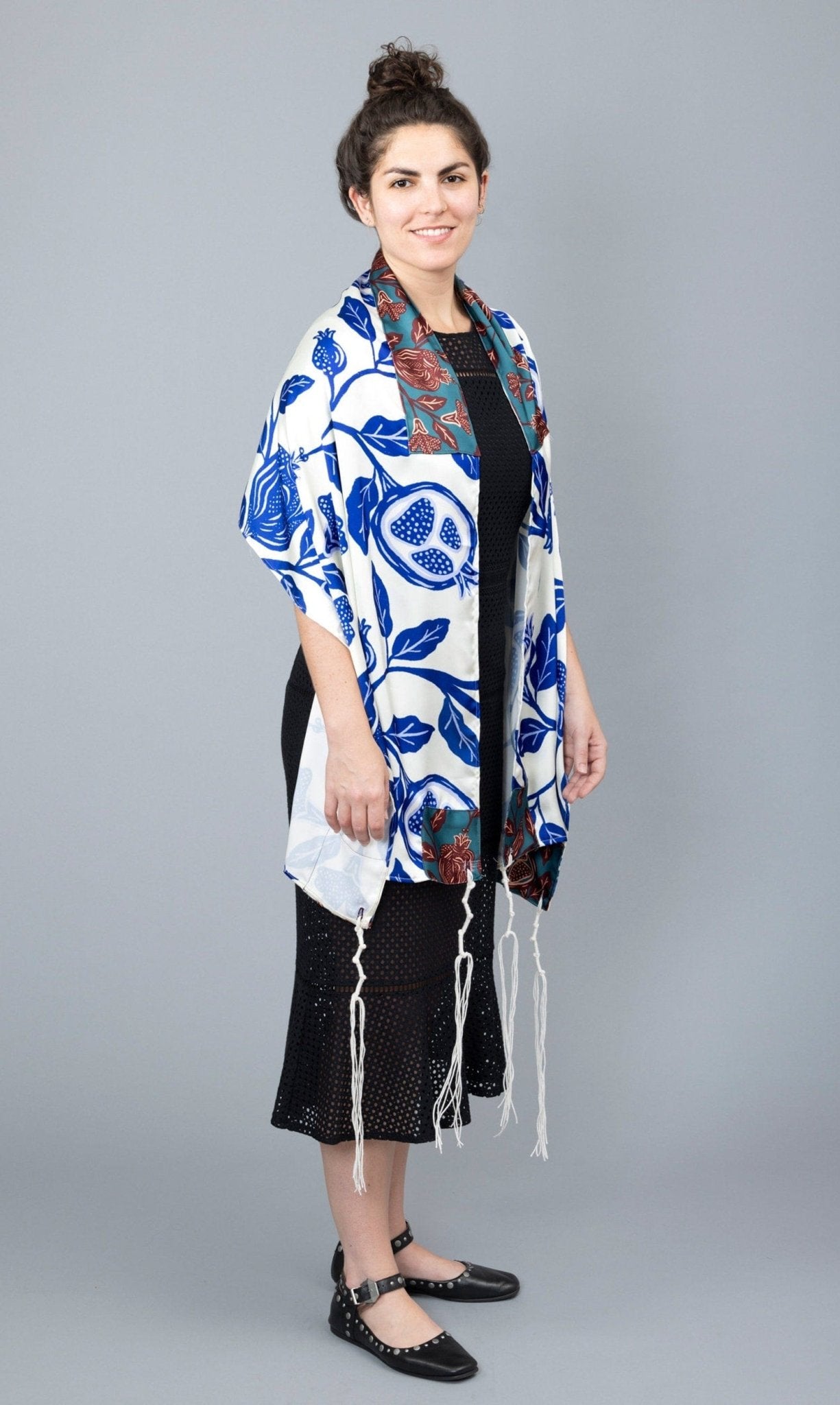 Elly Bovarnick Studios - Blue and White Pomegranate Satin Tallit - ModernTribe