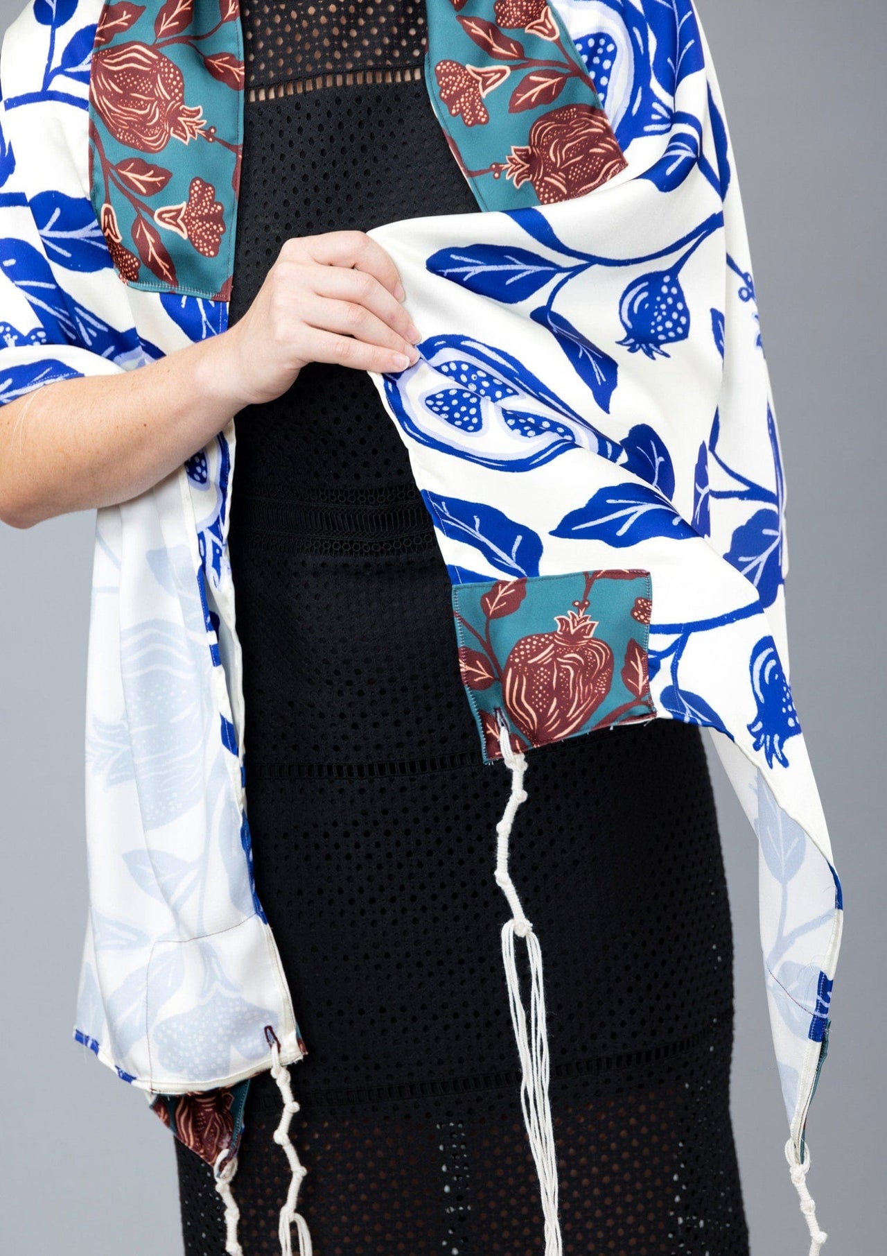Elly Bovarnick Studios - Blue and White Pomegranate Satin Tallit - ModernTribe