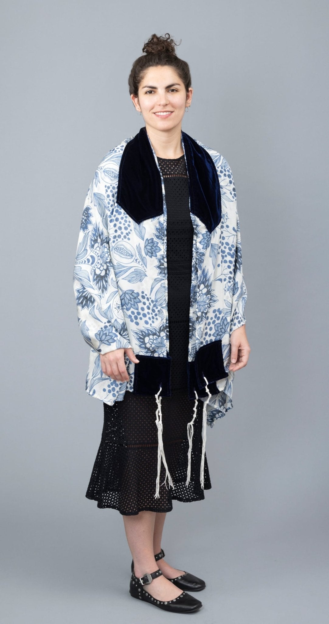 Elly Bovarnick Studios - Blue and White Pomegranate Silk Habotai Tallit - ModernTribe