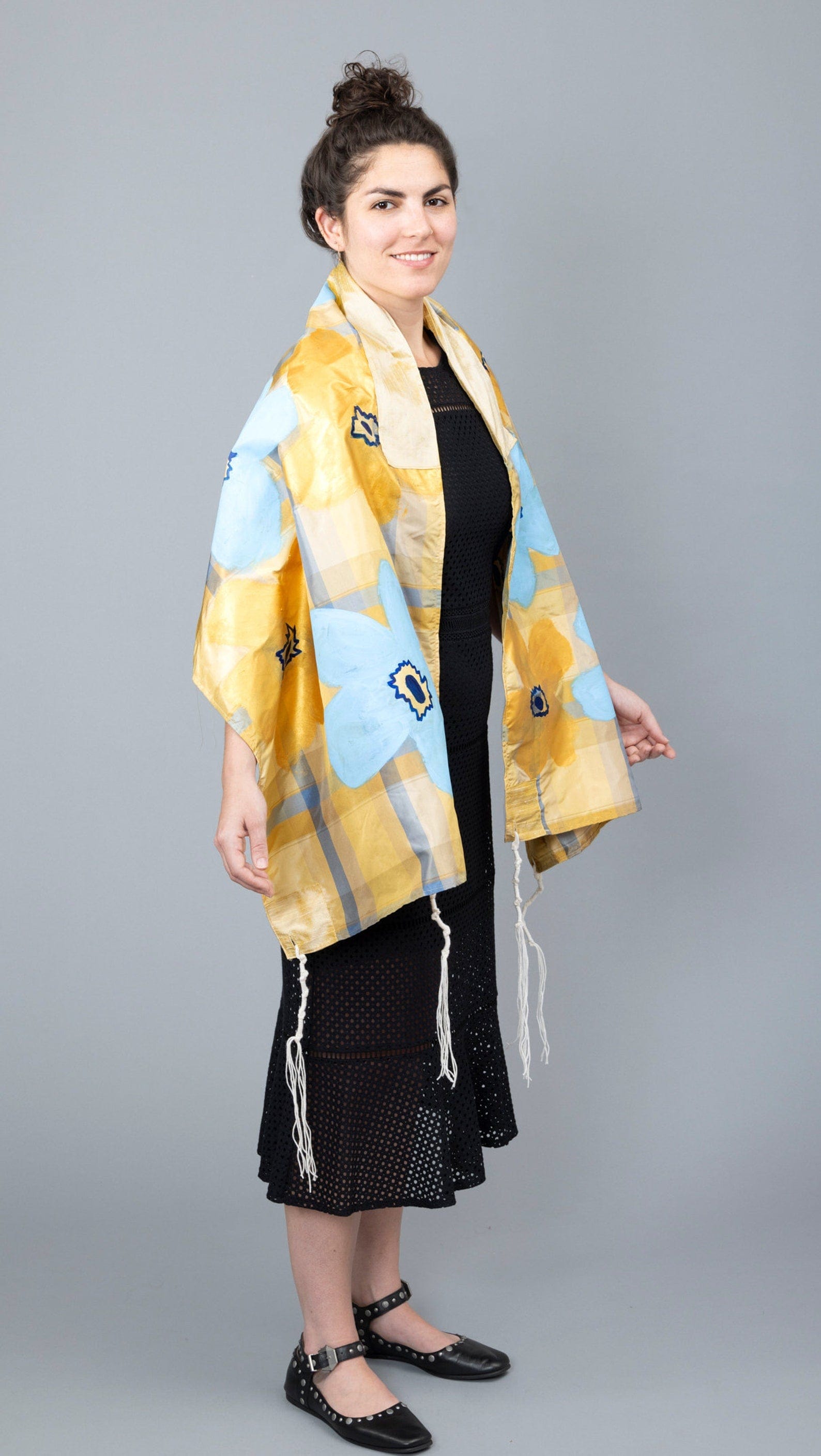 Elly Bovarnick Studios Tallises Blue and Gold Silk Plaid Tallit with Hand-Painted Flowers and Bag