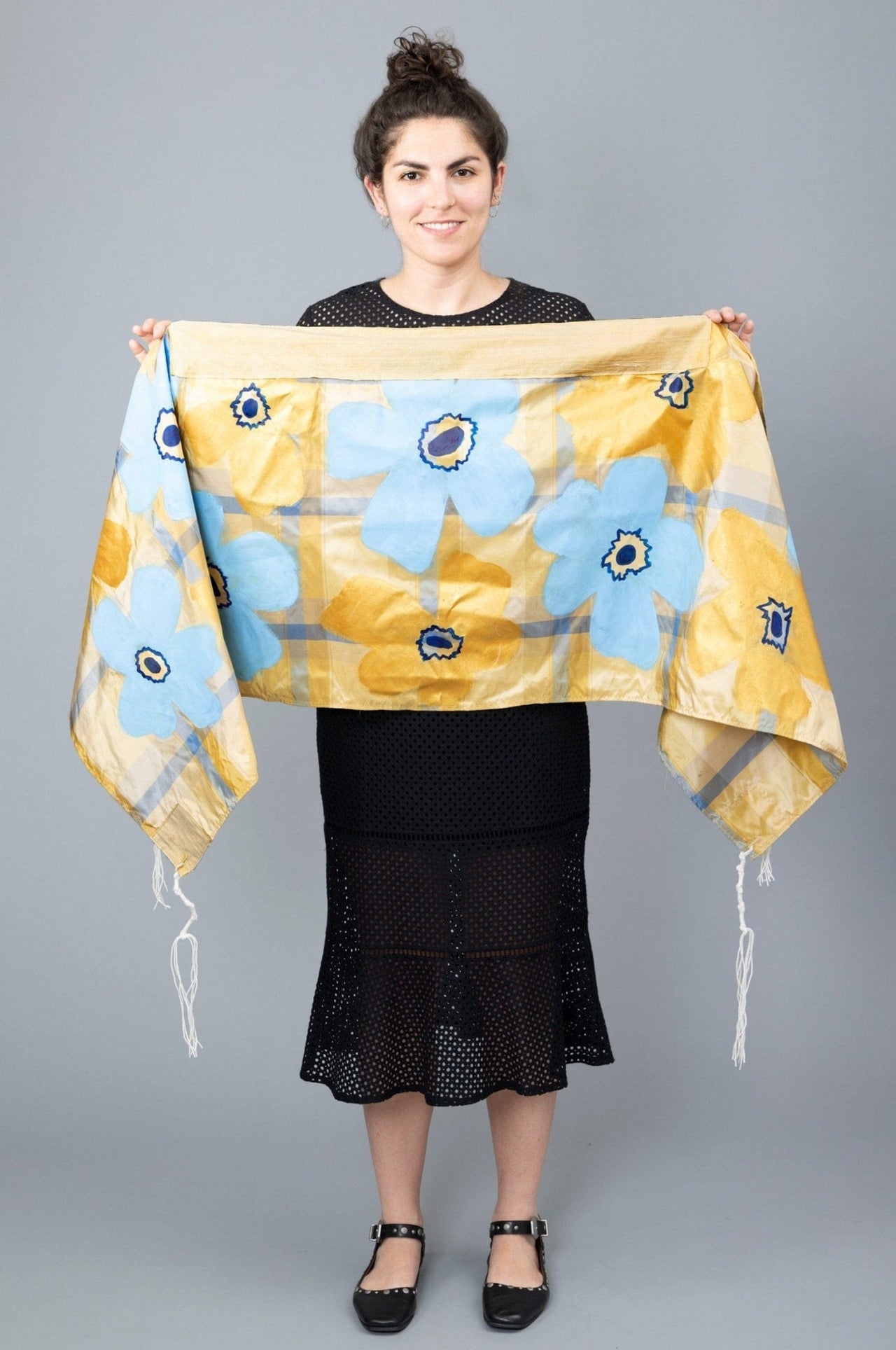 Elly Bovarnick Studios - Blue and Gold Silk Plaid Tallit with Hand - Painted Flowers - ModernTribe