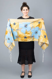 Elly Bovarnick Studios Tallises Blue and Gold Silk Plaid Tallit with Hand-Painted Flowers and Bag