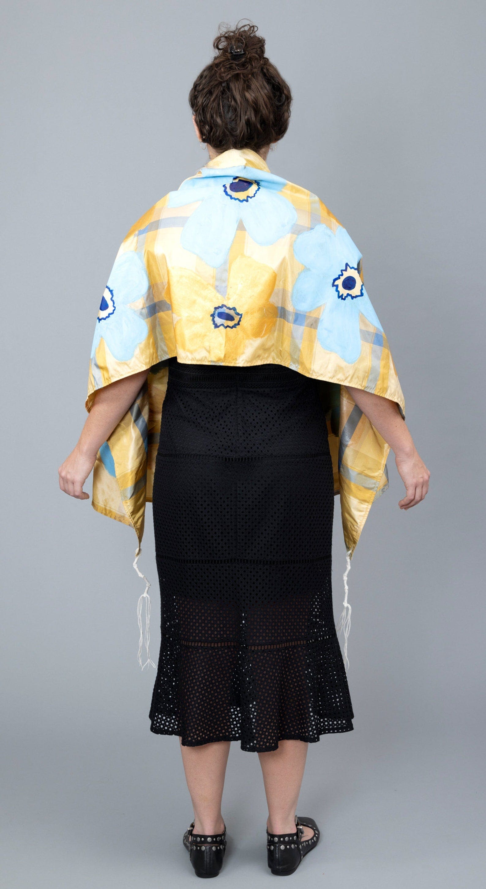 Elly Bovarnick Studios Tallises Blue and Gold Silk Plaid Tallit with Hand-Painted Flowers and Bag