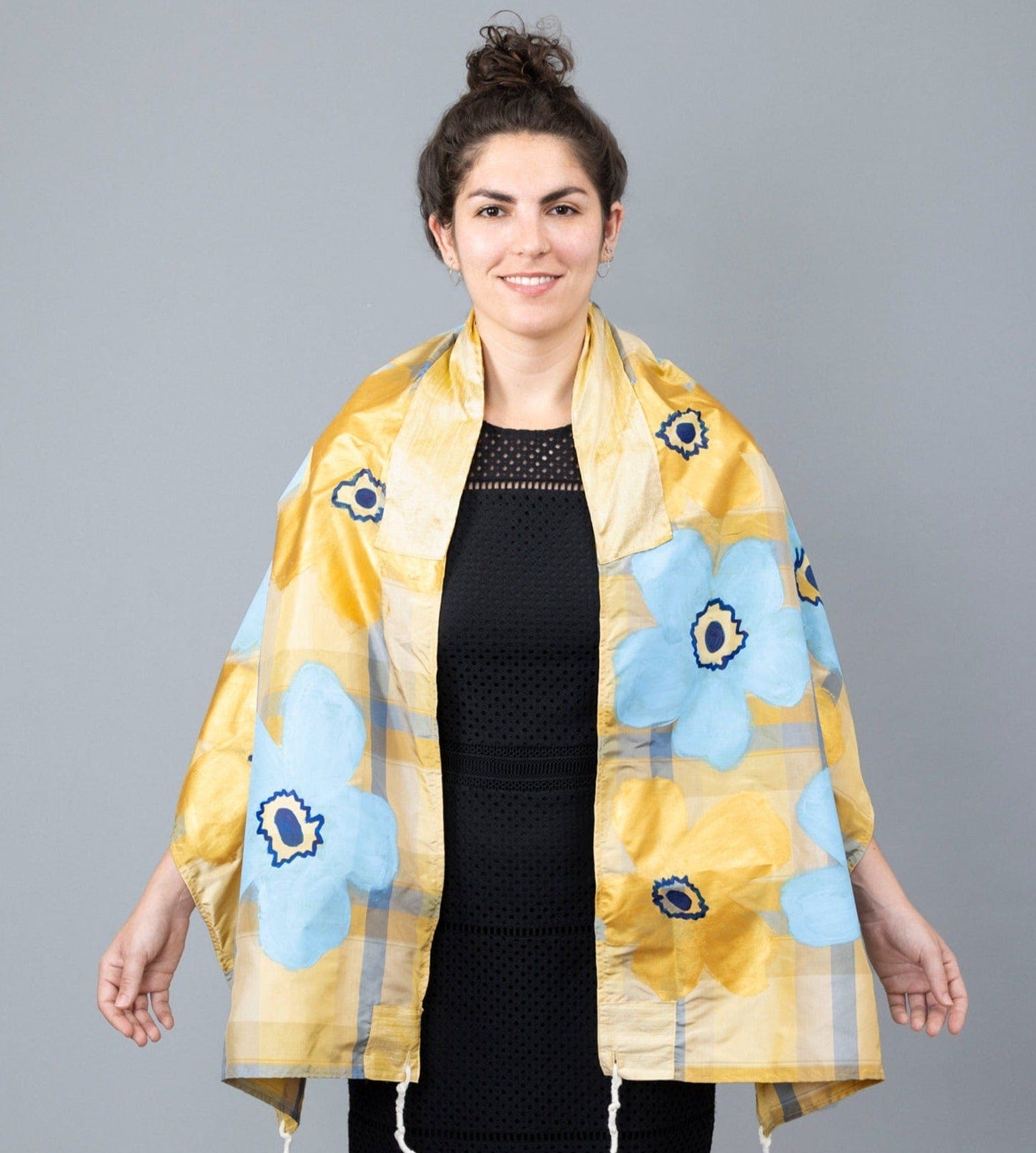 Elly Bovarnick Studios Tallises Blue and Gold Silk Plaid Tallit with Hand-Painted Flowers and Bag