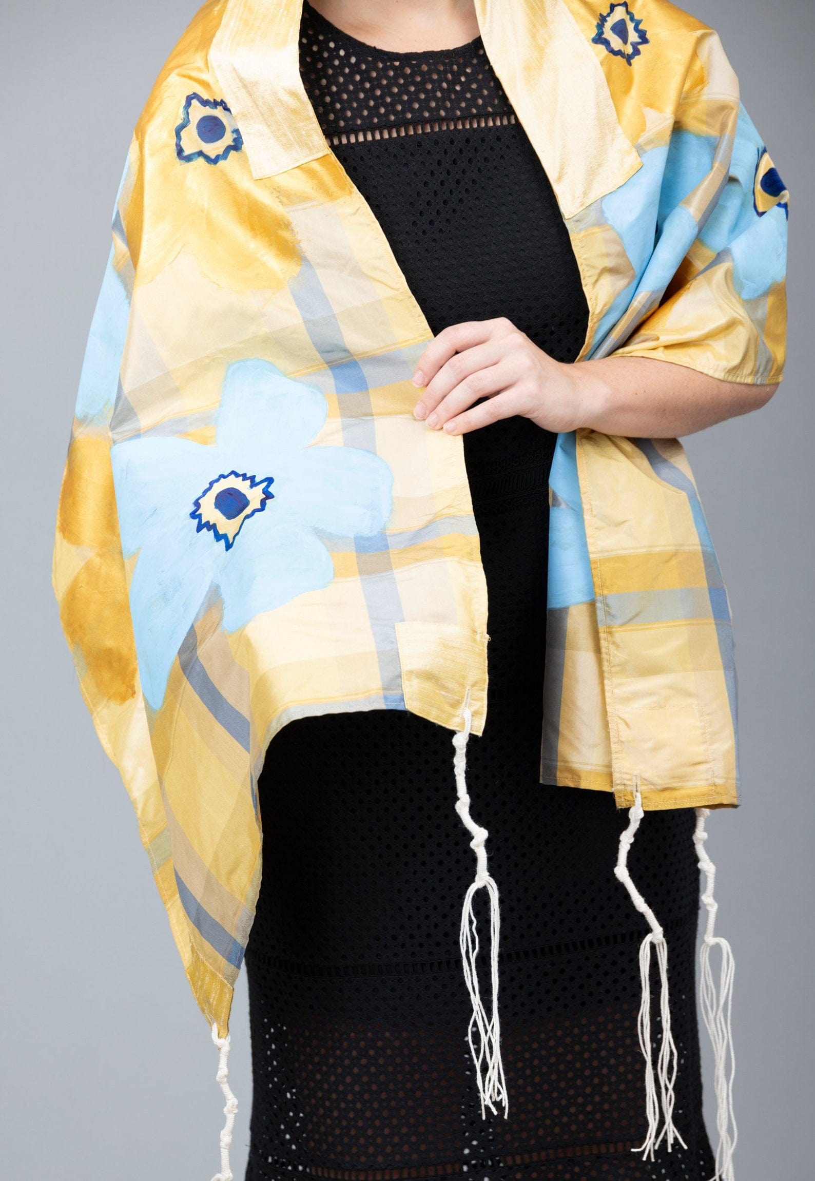 Elly Bovarnick Studios Tallises Blue and Gold Silk Plaid Tallit with Hand-Painted Flowers and Bag