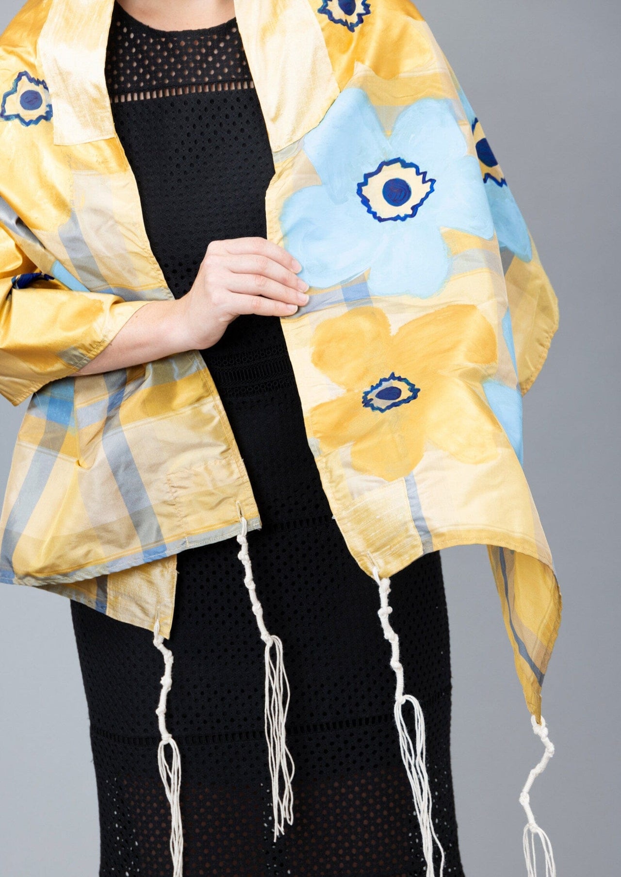 Elly Bovarnick Studios - Blue and Gold Silk Plaid Tallit with Hand - Painted Flowers - ModernTribe