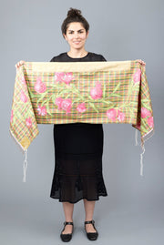 Elly Bovarnick Studios Tallises Pink, Green, and Yellow Silk Plaid Tallit with Hand-Painted Pomegranate Design and Bag