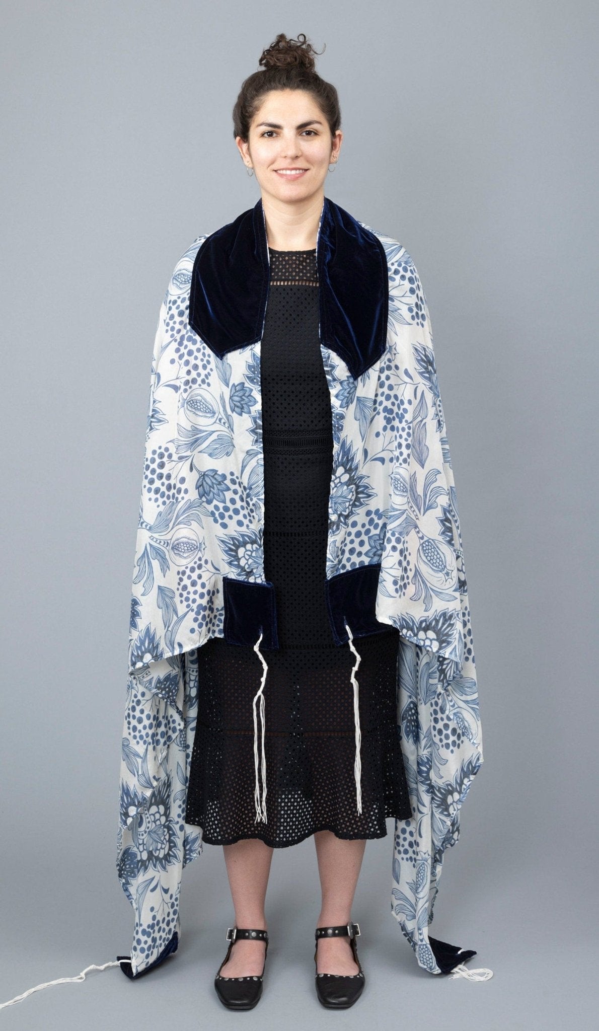 Elly Bovarnick Studios - Blue and White Pomegranate Silk Habotai Tallit - ModernTribe