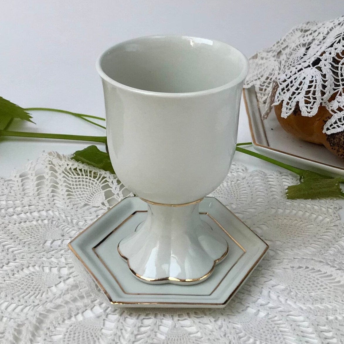 Judaica Hungarica Kiddush Cups Floral White Porcelain Kiddush Cup