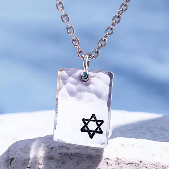 Small Star of David Hammered Rectangle Necklace - Pewter