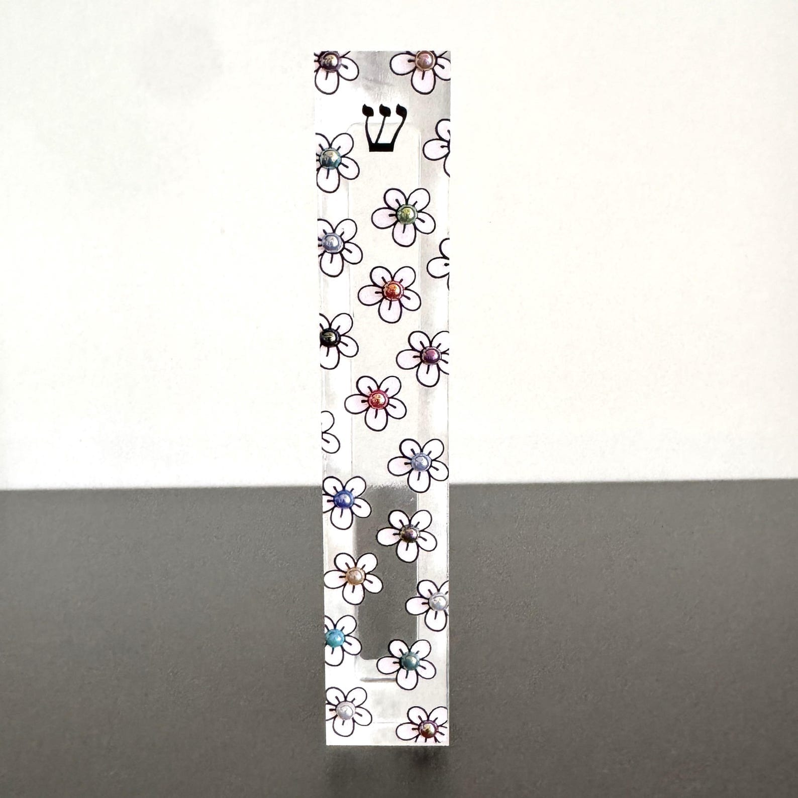 Florida-Funshine Mezuzahs Embellished Acrylic Mezuzah with light pink flower and colored pearls - Floral Judaica Gift - New Baby Gift