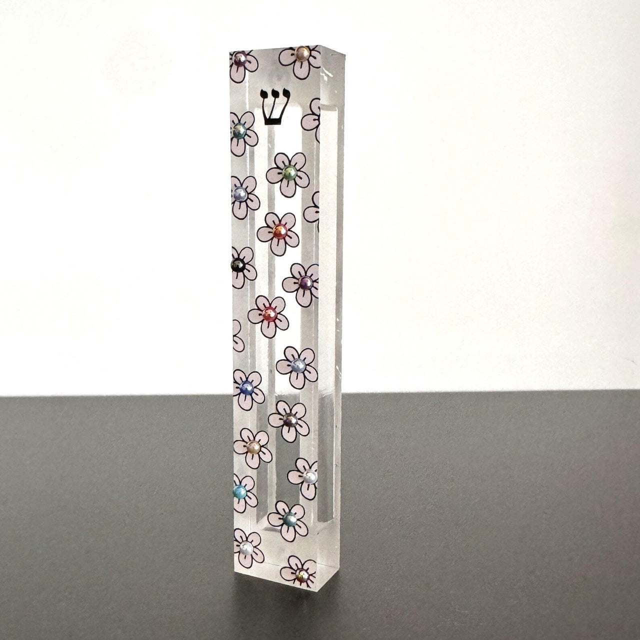 Florida-Funshine Mezuzahs Embellished Acrylic Mezuzah with light pink flower and colored pearls - Floral Judaica Gift - New Baby Gift