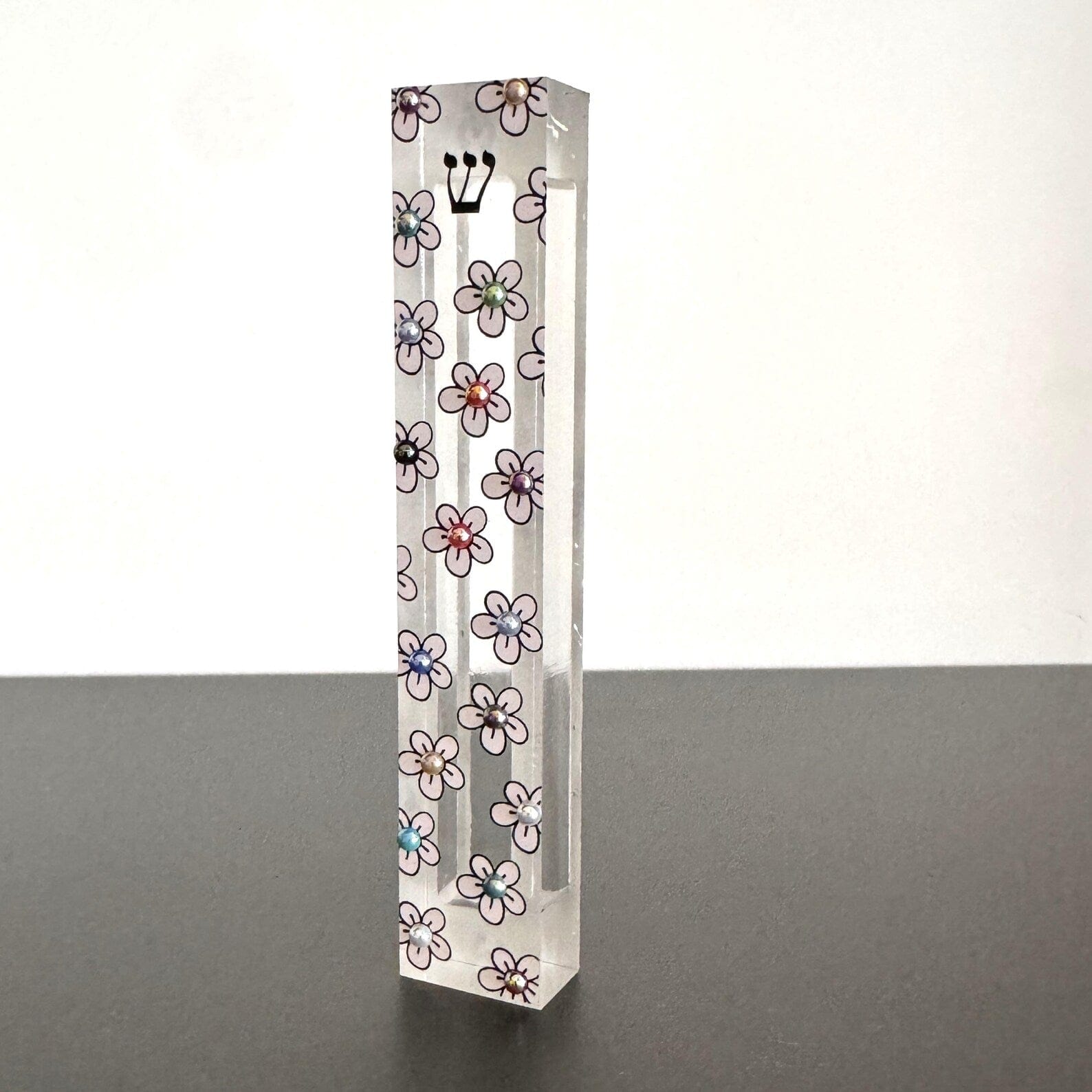 Florida-Funshine Mezuzahs Embellished Acrylic Mezuzah with light pink flower and colored pearls - Floral Judaica Gift - New Baby Gift