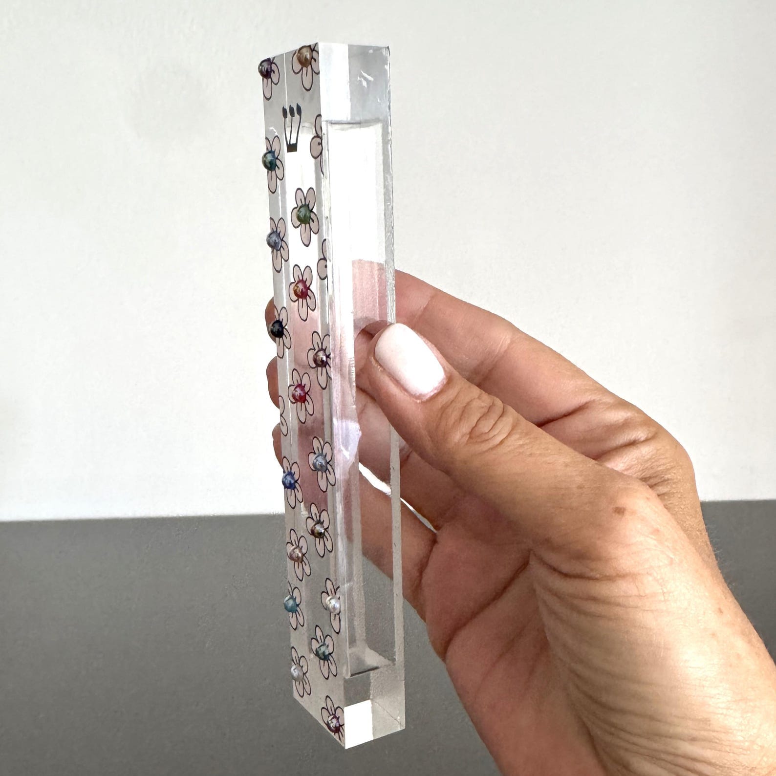 Florida-Funshine Mezuzahs Embellished Acrylic Mezuzah with light pink flower and colored pearls - Floral Judaica Gift - New Baby Gift