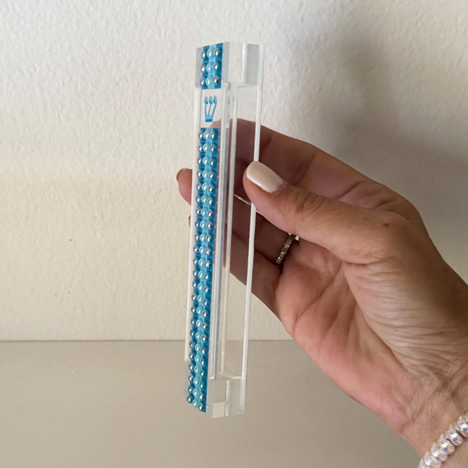 Florida-Funshine Mezuzahs Blue Pearl Stripe Mezuzah - Embellished Acrylic Mezuzah with colored pearls - Judaica Gift - Beaded Mezuzah