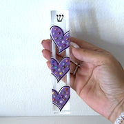 Florida-Funshine Mezuzahs Purple Hearts Mezuzah - Embellished Acrylic Mezuzah with colored pearls - Judaica Gift - Beaded Mezuzah - Girl Room Mezuzah