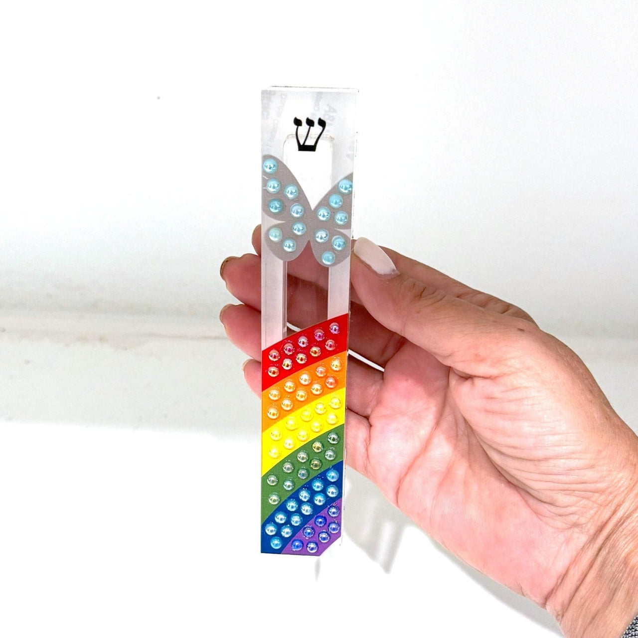 Florida-Funshine Mezuzahs Rainbow and Butterfly Mezuzah - Embellished Acrylic Mezuzah with colored pearls - Judaica Gift - Beaded Mezuzah