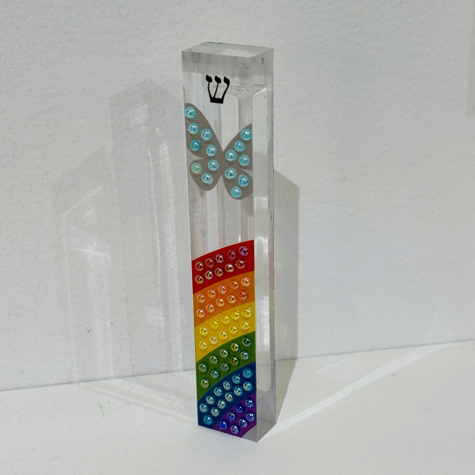 Florida-Funshine Mezuzahs Rainbow and Butterfly Mezuzah - Embellished Acrylic Mezuzah with colored pearls - Judaica Gift - Beaded Mezuzah