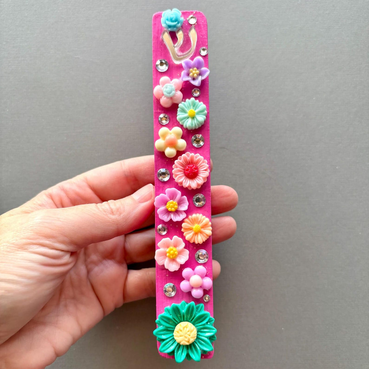 Sparkly 3D Flower Mezuzah - Pink