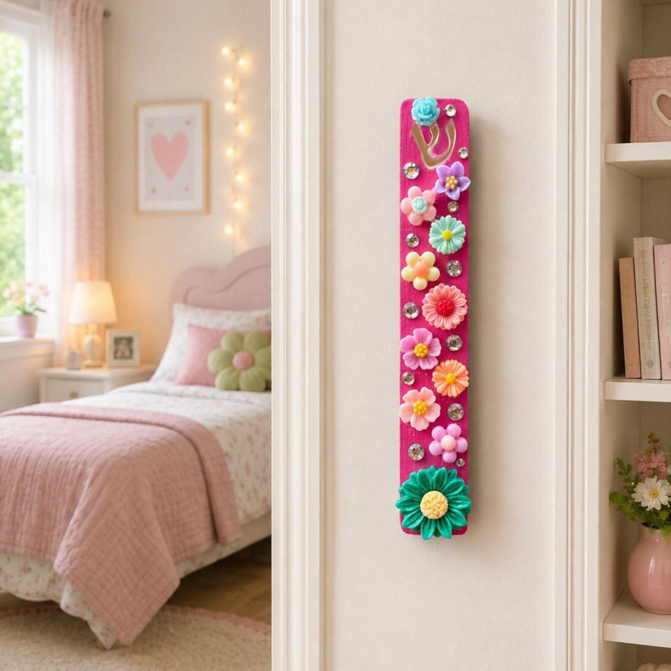 Sparkly 3D Flower Mezuzah - Pink
