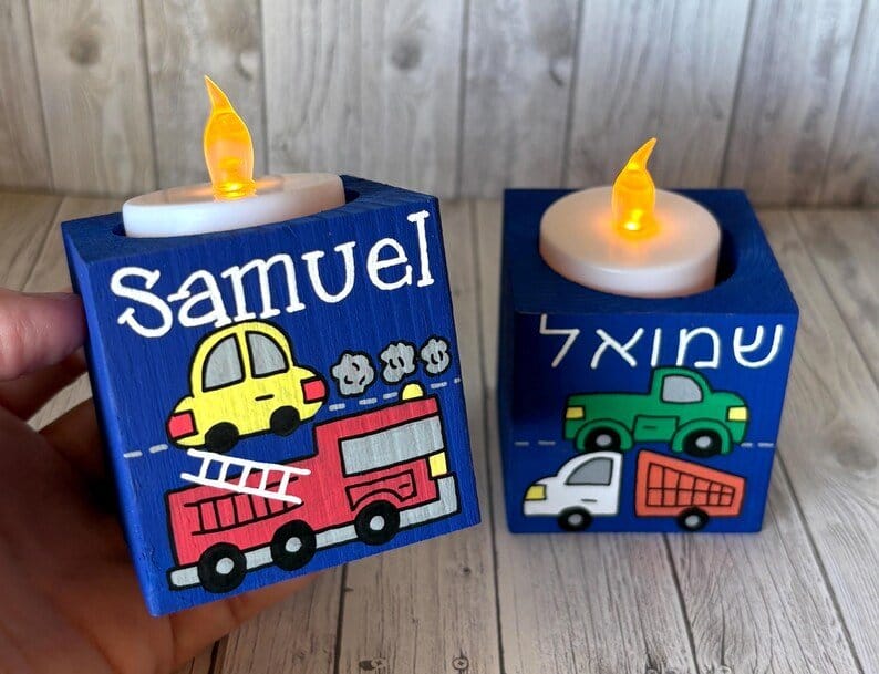 Lea Joelle Handmade Candlesticks Personalized Blue Cars and Trucks Shabbat Candlesticks