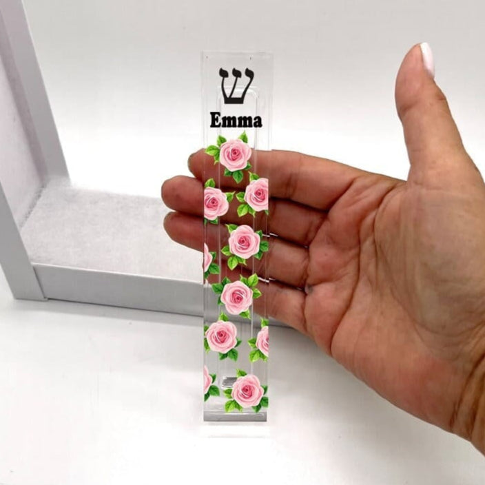 Florida-Funshine Mezuzahs Personalized Pink Roses Acrylic Mezuzah