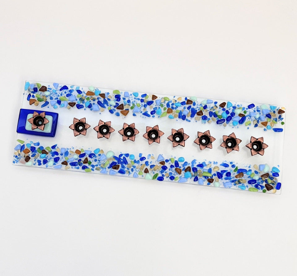 Shevi B Glass Creations - Fused Blue Glass Stone Menorah - ModernTribe