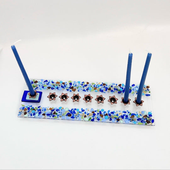 Fused Blue Glass Stone Menorah