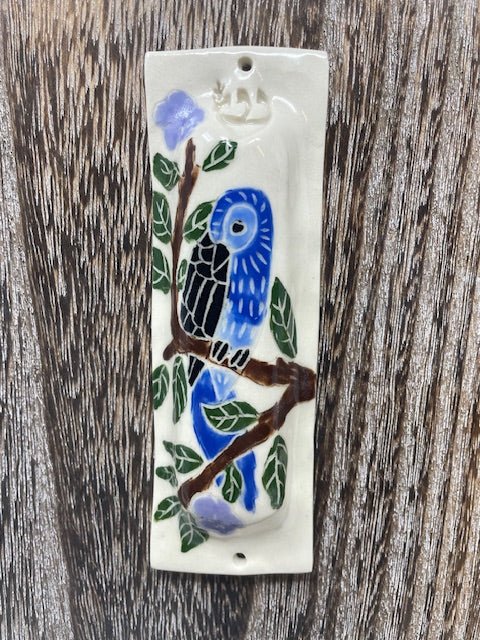 Blue Bird Porcelain Mezuzah by Goodstein Ceramics
