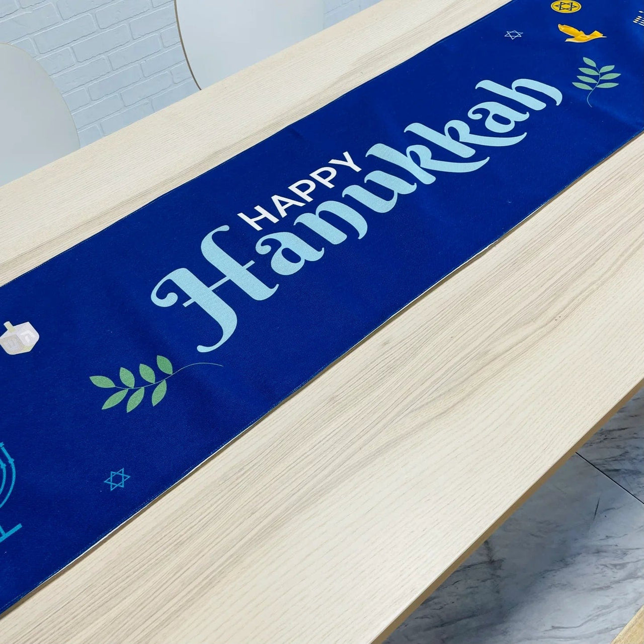 Broderies De France - Blue Happy Hanukkah Table Runner - ModernTribe