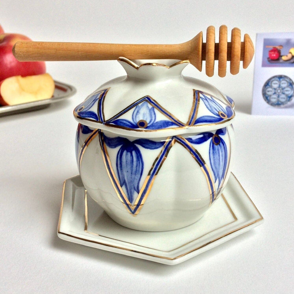 Judaica Hungarica - Blue and White Porcelain Honey Jar with Dipper and Coaster - ModernTribe