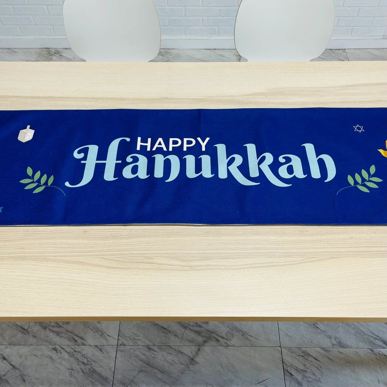 Broderies De France - Blue Happy Hanukkah Table Runner - ModernTribe