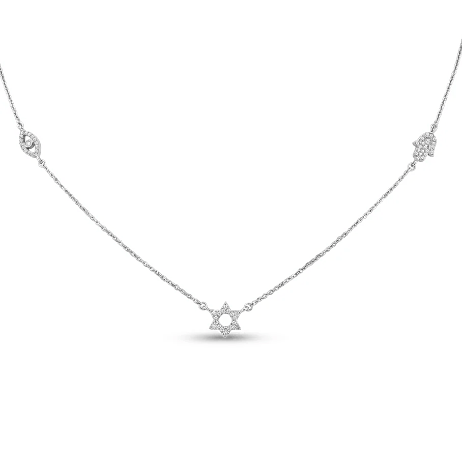 Izakov Fine Jewelry Necklaces White Gold Petite Diamond Hamsa, Evil Eye and Star of David Station Necklace - 14k Yellow, White or Rose Gold