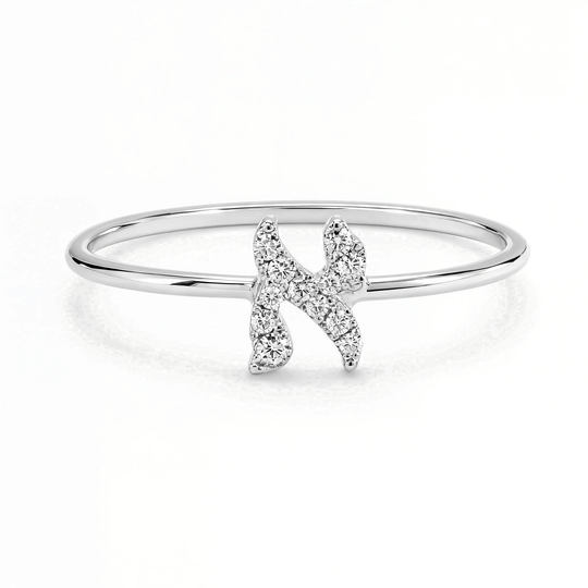 Personalized Hebrew Initial Diamond Ring - 14k White Gold
