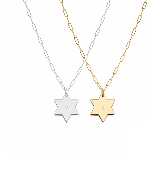 Liz Star of David with Diamond Paperclip Necklace by Miriam Merenfeld - (Gold-Plated or Sterling Silver)