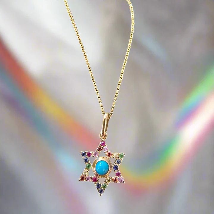 Alef Bet Necklaces Rainbow Star of David Necklace - 14k Gold