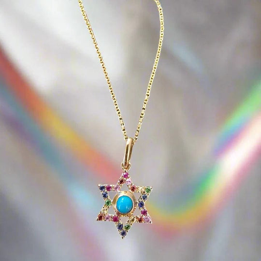 14k Gold Rainbow Gemstone Star of David Necklace