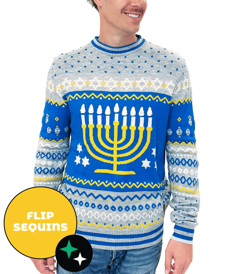 Men's Reversible Menorah Sequin Sweater by Tipsy Elves (Sizes Small - 5XL)