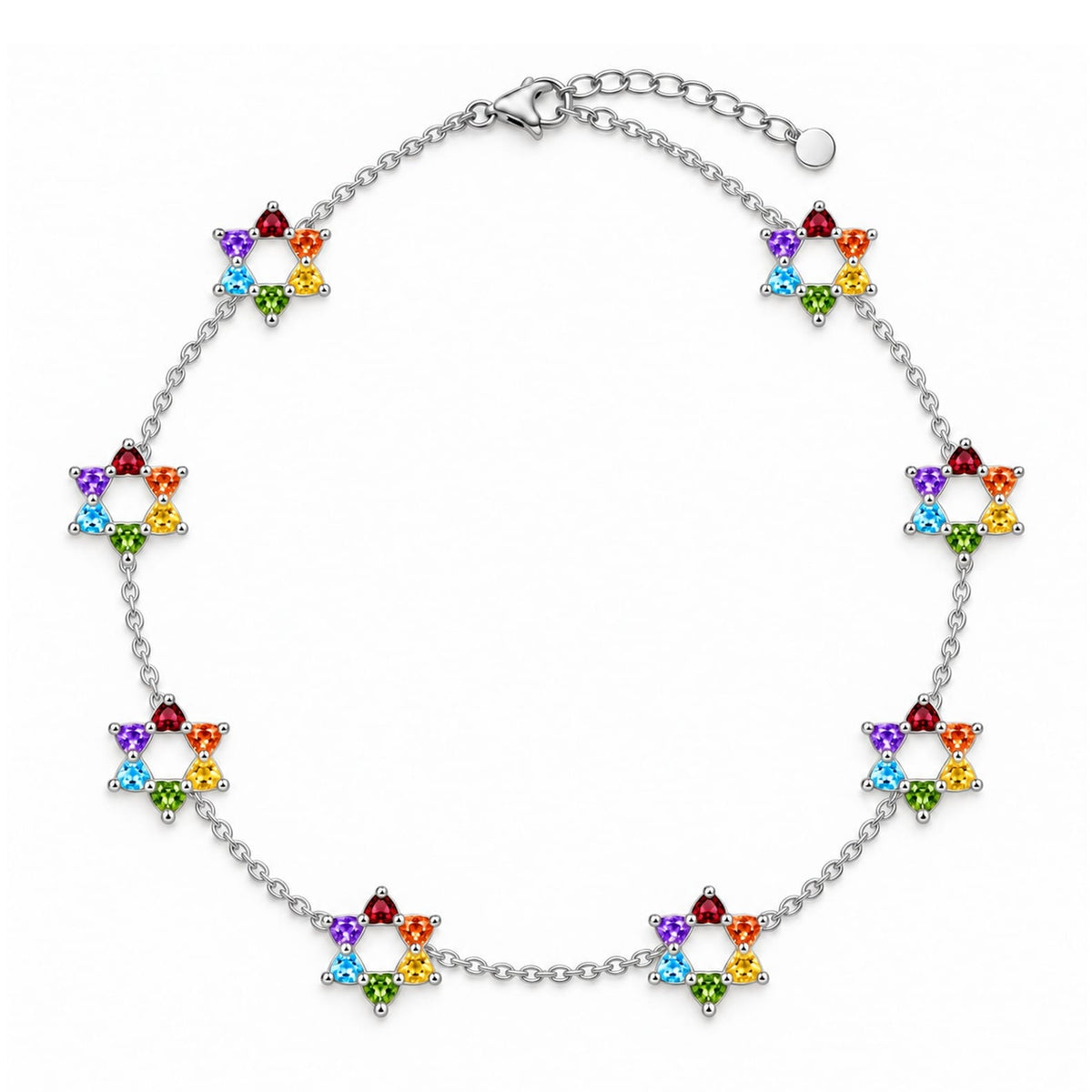 Rainbow Gem Motif Star of David 8 Station Necklace