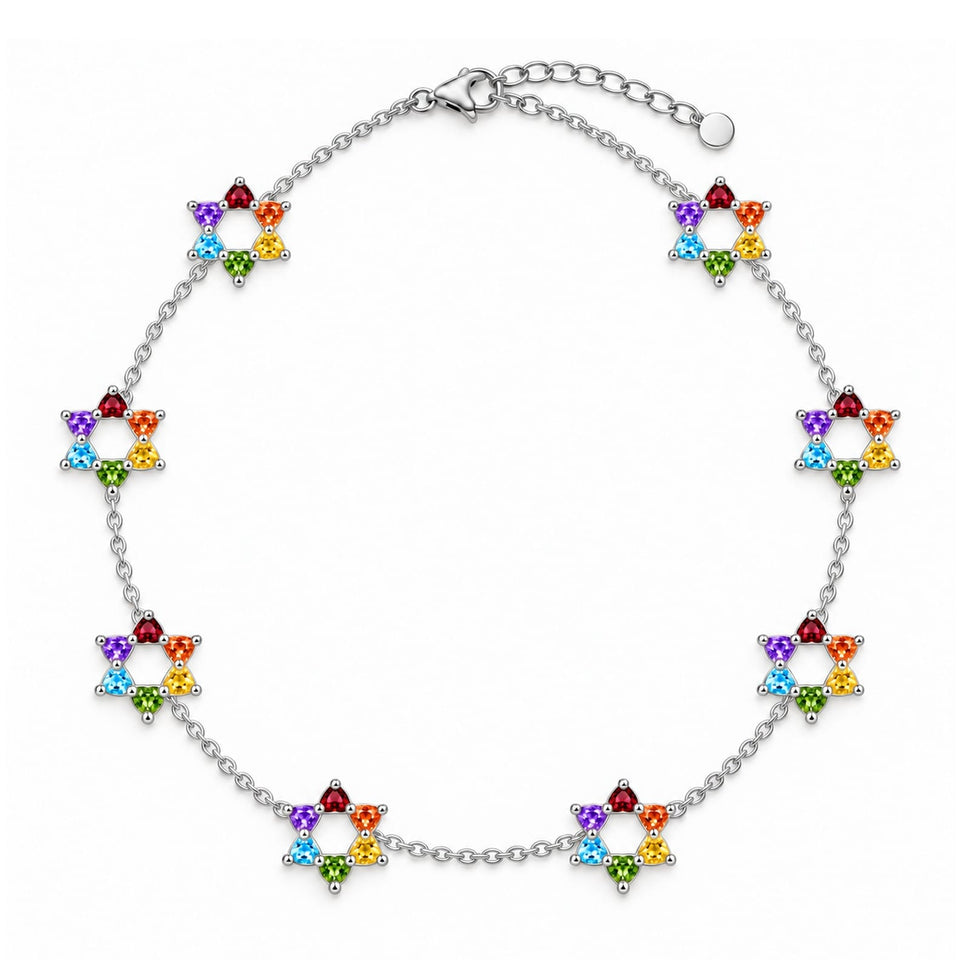 Rainbow Gem Motif Star of David 8 Station Necklace