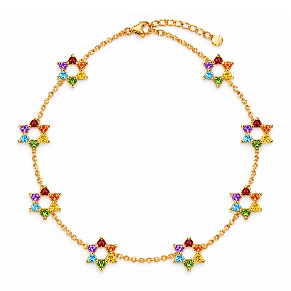 Rainbow Gem Motif Star of David 8 Station Necklace