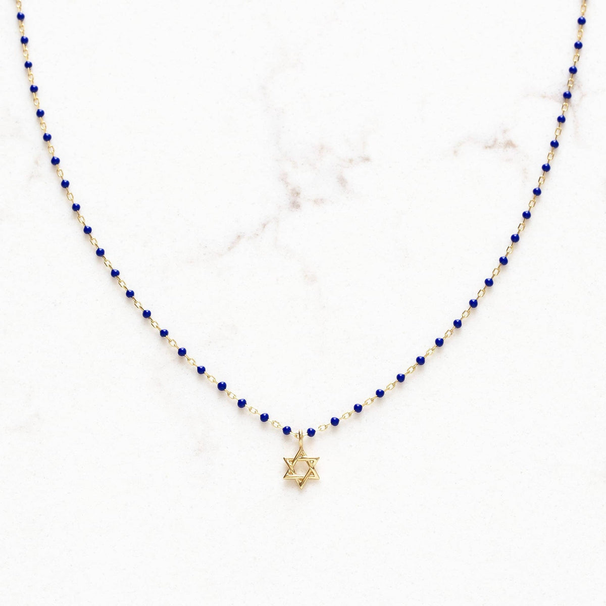 Tiny Star of David Enamel Beaded Necklace - Navy