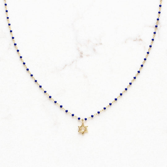 Tiny Star of David Enamel Beaded Necklace - Navy