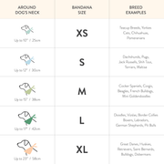 Dog bandana size guide: neck measurement and breed examples for XS through XL