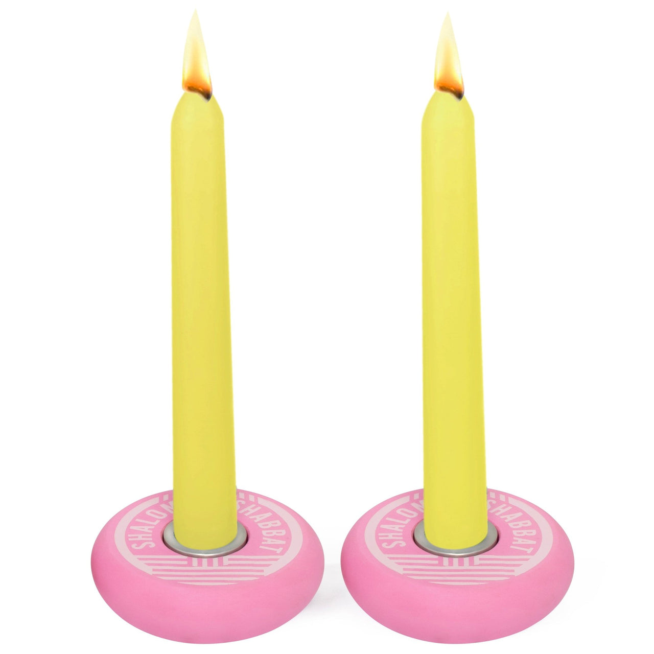 Chai Modern - Shabbat Shalom Platz Candy Candleholders - Pink and Silver - ModernTribe